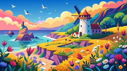 Naklejka premium Vibrant Coastal Windmill Sunset Illustration