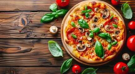 Pizza with mushrooms, cheese and basil on a wooden table, top view.