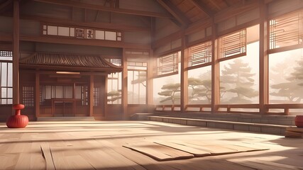 3D Sketch of a Karate School or Dojo in the Traditional Japanese Style with Haze in the Air