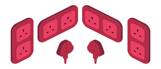 isometric power outlet socket plug british type g vector flat illustration