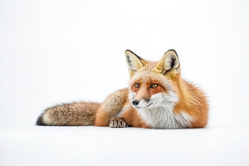 Fototapeta premium Red Fox Lying Down on White Background