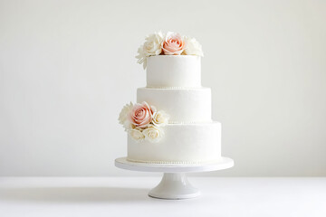 Elegant White Wedding Cake with Rose Decorations
