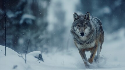 Naklejka premium gray wolf, predator walking in the forest during winter
