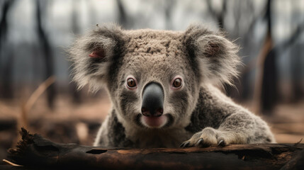 Fototapeta premium Close-up of a Cute Koala with Expressive Eyes and Fluffy Ears Holding a Tree Branch
