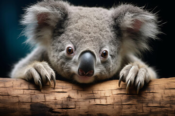 Fototapeta premium Close-up of a Cute Koala with Expressive Eyes and Fluffy Ears Holding a Tree Branch