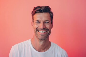Fototapeta premium Portrait of a glad man in his 30s smiling at the camera over pastel or soft colors background