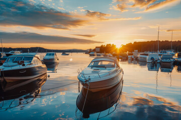 A group of boats are docked in a marina, with the sun setting in the background