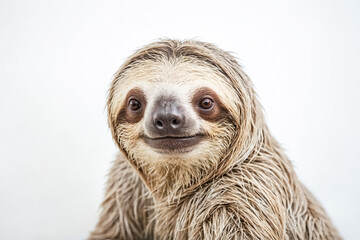 Close-up portrait of a sloth with a white background