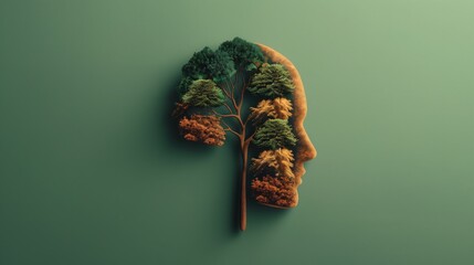 Tree grows in human head silhouette, showing nature-human connectivity