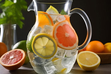 Close-up of a refreshing fruit-infused water pitcher with ice cubes and slices of citrus fruits