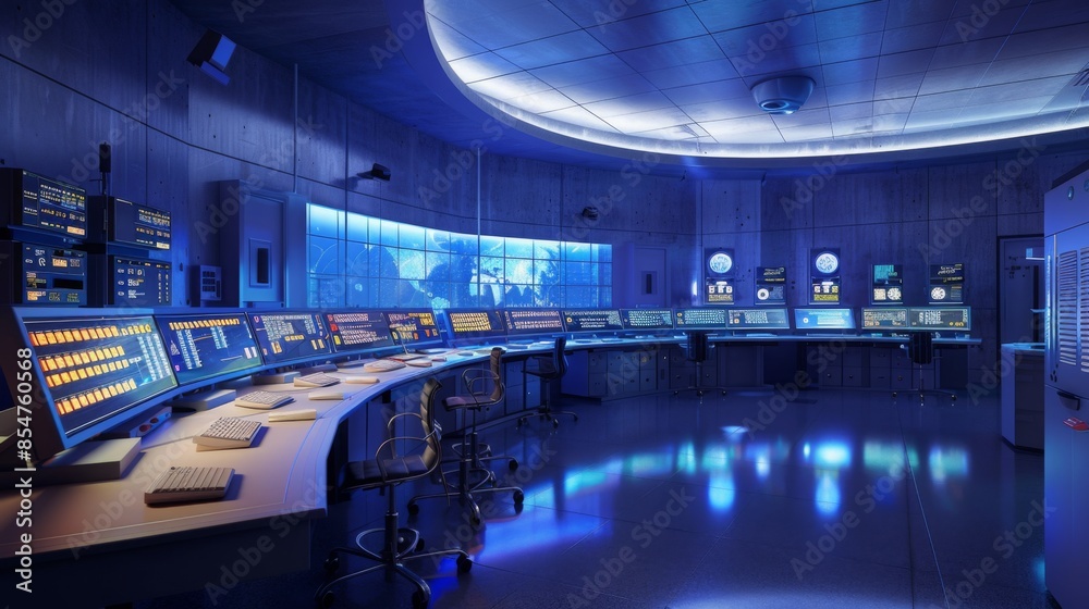 Poster a modern control room with multiple computer monitors, desks, and chairs. there is a large screen di