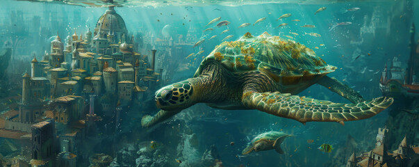 Fototapeta premium A city built on the backs of giant turtles, slowly swimming through the ocean.
