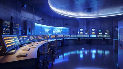 A modern control room with multiple computer monitors, desks, and chairs. There is a large screen displaying a world map in the background.
