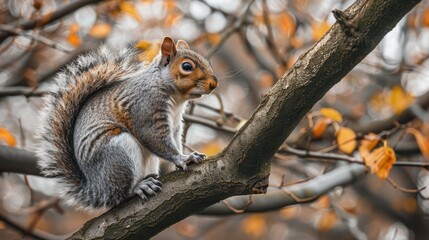 Fototapeta premium Squirrel with grey fur perched on a tree limb