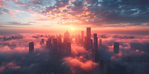 submerged Downtow Dubai with skyscrapers, United Arab Emirates, the Persian and Dubai gulf at sunset