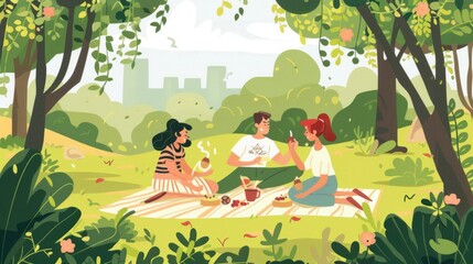 Fototapeta premium Vector family having a picnic outdoors, with copy space for text