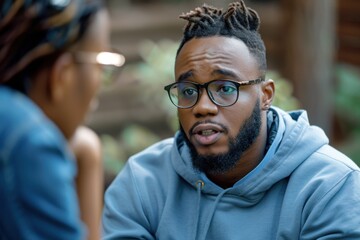 Young man wearing glasses and a hoodie having a serious conversation with a woman outdoors. The setting suggests a personal or thoughtful discussion.