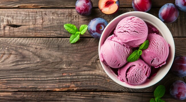 Bowl of plum ice cream and fresh fruits on a wooden table, top view.