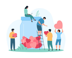 Charity social campaign, generous donation and support of volunteers. Tiny people give red hearts to glass jar, donate love gifts, share solidarity, hope and kindness cartoon vector illustration