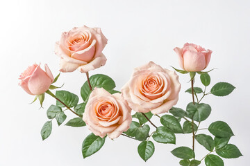 Delicate Peach Roses with Green Leaves on White Background