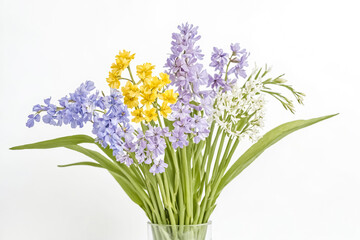Fototapeta premium Bouquet of purple, yellow, and white flowers in a glass vase