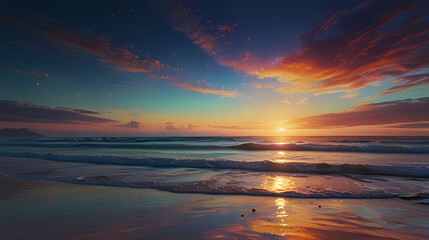 Obraz premium a serene beach at sunset with holographic waves washing onto the shore, reflecting the colors of the sky.