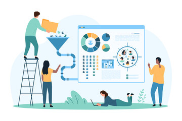 Sociology and marketing analysis, data conversion by sociologists. Tiny people work with data funnel and charts, study structure of focus group and interaction of customers cartoon vector illustration