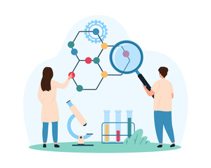 Study of chemical formula, structure of molecule and atoms, organic and inorganic substance Tiny people studying molecular model with magnifying glass and microscope cartoon vector illustration