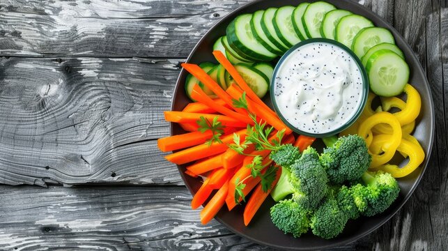 a vibrant veggie platter featuring sliced carrots, yellow and green peppers, crisp cucumber slices, and fresh bell pepper stripes, arranged beautifully on a serving dish.