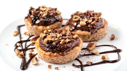 Sweet pastry dessert with chocolate and nuts on a white background