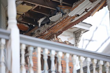 Severe damage to a building roof showing collapsed ceilings, exposed wood, and structural issues, indicating deterioration or accident.
