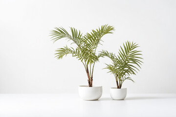 Fototapeta premium Two Palm Trees in White Pots on White Background