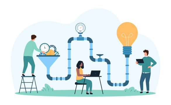 Idea creation process, creative innovation in funnel pipe machine. Tiny people brainstorm, work with filter for business projects to create solution results and inspiration cartoon vector illustration