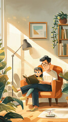 Fototapeta premium Dad is reading to his daughter in the living room, with a simple flat illustration style using bright colors and simple lines. The warm light brown wall color creates an atmosphere of warmth and comfo
