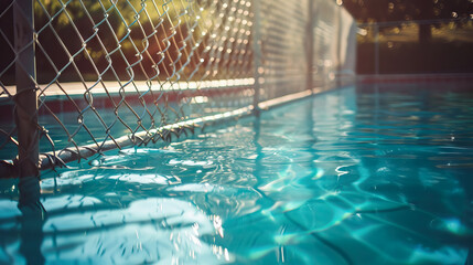 Obraz premium Fenced pool areas to prevent unsupervised access to water with sunrays.