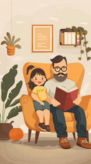 Dad is reading to his daughter in the living room, with a simple flat illustration style using bright colors and simple lines. The warm light brown wall color creates an atmosphere of warmth and comfo