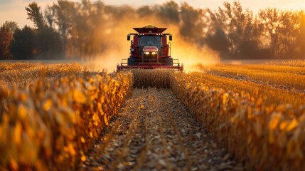 Harvesting Corn at Sunset