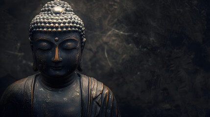closed up ofmetal Siddhartha Gautama (Buddha) against a black background, with a mystical and enchanting atmosphere