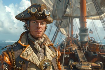 Obraz premium A dashing steampunk captain with a sophisticated uniform stands aboard a grand ship, ready to embark on an adventurous voyage.
