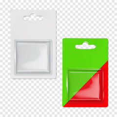Hanging cardboard and clear plastic square blister box. Realistic 3d vector mock-up. Blank individual packaging with euro hole hanger. Mockup. Easy to edit. Template for design