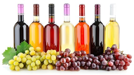 Obraz premium colorful bottles of natural grape juice alongside fresh grapes on a white background, isolated to emphasize their freshness and vibrant colors.