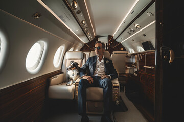 Businessman with dog flying on his private jet. - Powered by Adobe