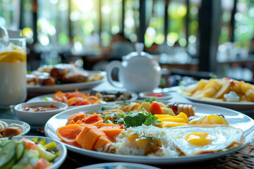 Diverse selection of foods on a plate during the buffet breakfast at the hotel's restaurant.