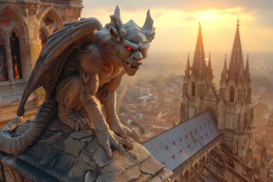 A menacing gargoyle with glowing red eyes perches atop a cathedral, overlooking a sprawling cityscape at sunset.

 - Powered by Adobe