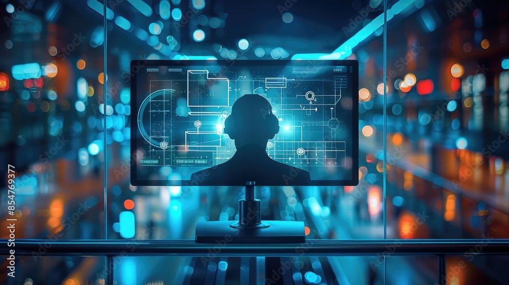 Poster Cybersecurity. In a futuristic technological facility, a cybersecurity specialist monitors a dark room with computer servers to ensure the integrity and security of information. Generative AI.