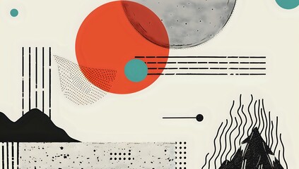 Minimalist Landscape with Red Sun and Geometric Shapes