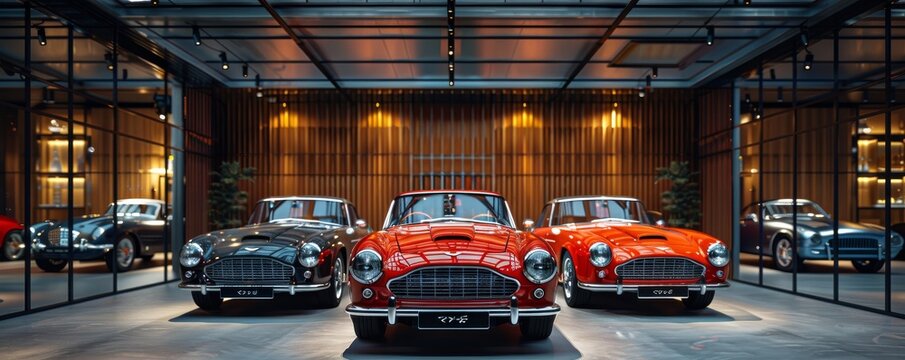 Elegant classic cars displayed in a modern showroom with ambient lighting