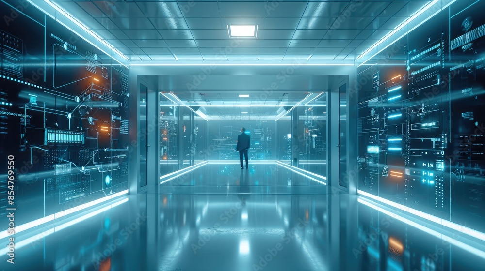 Leinwandbilder cybersecurity. in a futuristic technological facility, a cybersecurity specialist monitors a dark ro