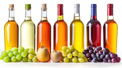 Obraz premium colorful bottles of natural grape juice alongside fresh grapes on a white background, isolated to emphasize their freshness and vibrant colors.