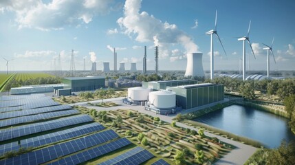 Aerial view of a modern power plant incorporating renewable energy sources, including wind turbines, solar panels, and a large water reservoir.